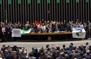 Jovens comemoram com Deputados a aprovação do Estatuto na Câmara (Foto: Luis Macedo/Câmara dos Deputados)